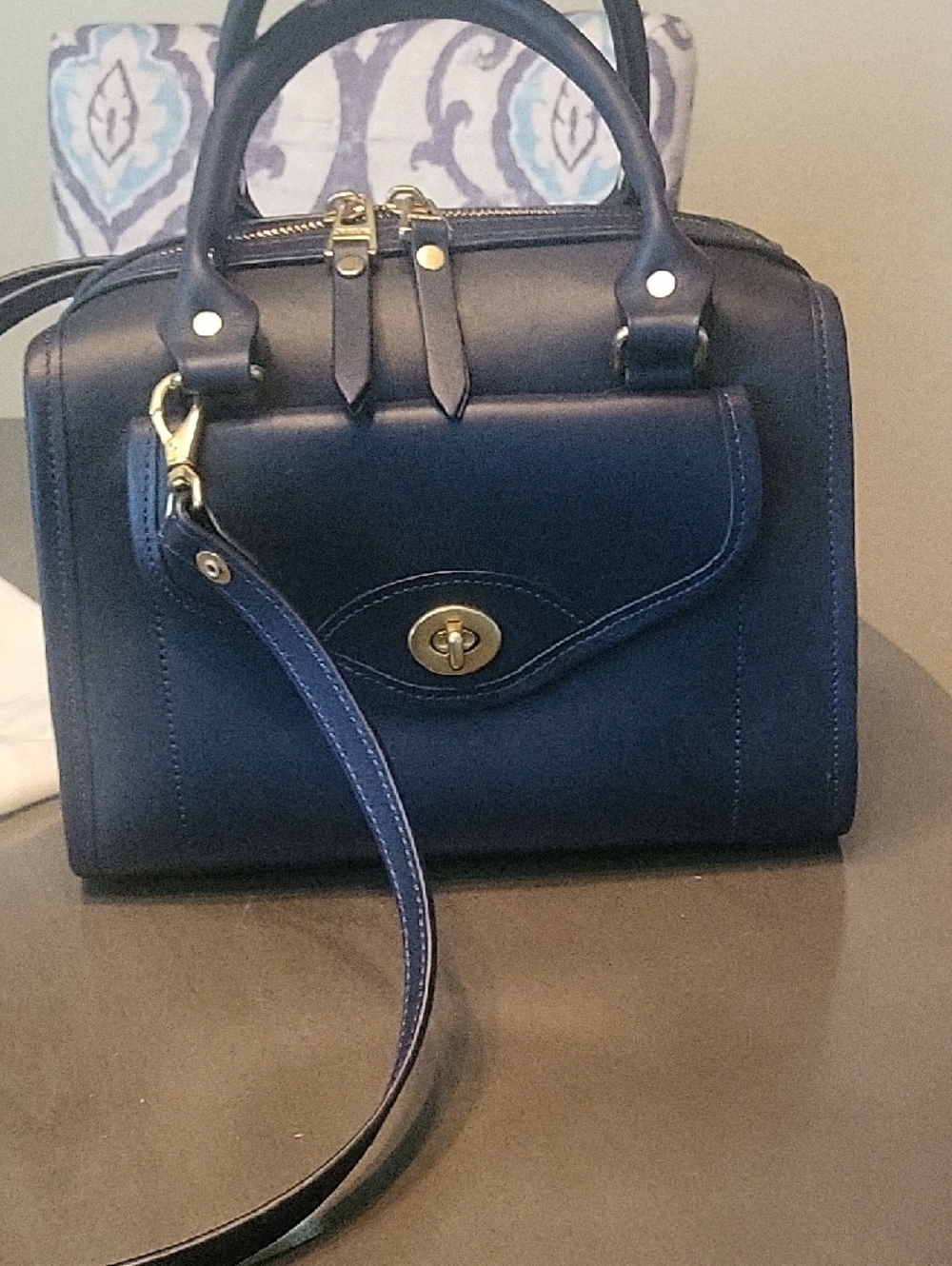J.W. Hulme Classic Navy Structured Satchel Handbag - Gold Hardware - Picture 4 of 6